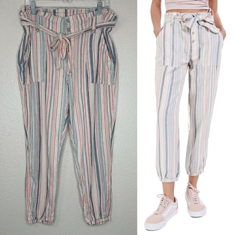 Indigo Rein Linen Blend Belted Paperbag Jogger Pants, Size XL